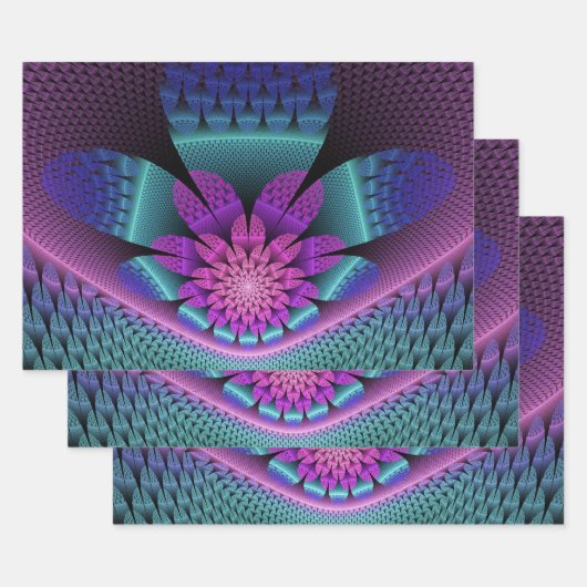 珍しいパターン（の模様が）あるファンタジーカラフルフラワーフラクタル ラッピングペーパーシート (セット)