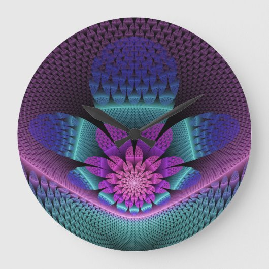 珍しいパターン（の模様が）あるファンタジーカラフルフラワーフラクタル ラージ壁時計 (正面)