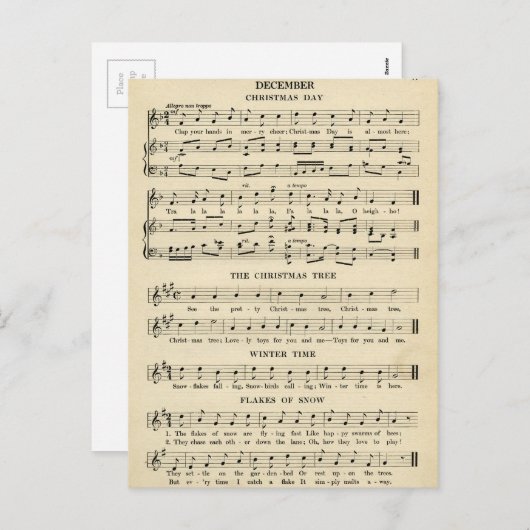 珍しいヴィンテージのクリスマスミュージックシート シーズンポストカード (正面/裏面)