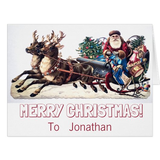 珍しいヴィンテージサンタそり大きなグリーティングカード (正面横)