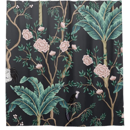 珍しい鳥のヴィンテージ：バナナの木の壁 シャワーカーテン (正面)