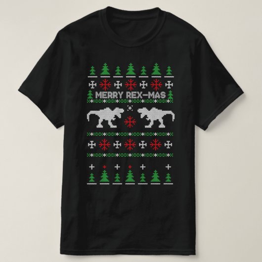 現メリー来恐竜tレックス醜いクリスマスセーター tシャツ (デザイン正面)