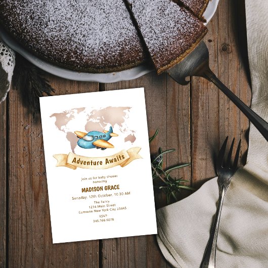 現代のアドベンチャーワールドマップ飛行機ベビーシャワー 招待状