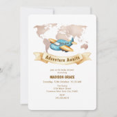 現代のアドベンチャーワールドマップ飛行機ベビーシャワー 招待状 (正面)