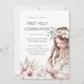 現代のイラスト　女の子　花　初めての聖体拝領 招待状 (正面)