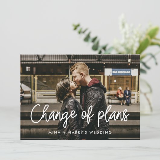 現代のカリグラフィー結婚式　予定変更のお知らせ 案内状 (スタンド正面)