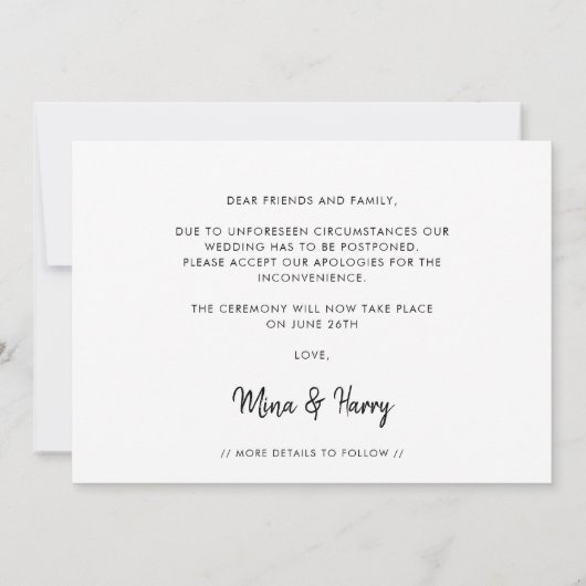 現代のカリグラフィー結婚式　予定変更のお知らせ 案内状 (裏面)