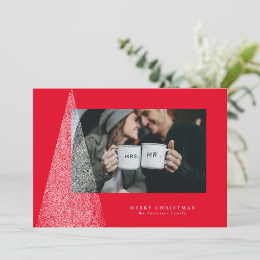 現代のクリスマスツリー 赤い写真 シーズンカード (スタンド正面)