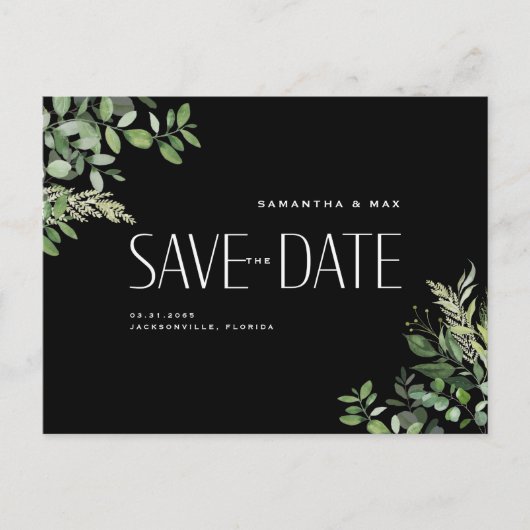 現代のグリーン ブラック ウェディング セーブ・ザ・デート 案内ポストカード (正面)