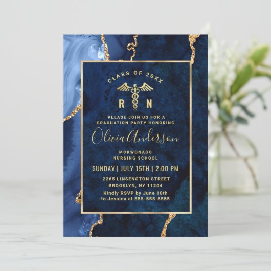 現代のゴールドブルーの看護学校卒業パーティー 招待状 (スタンド正面)