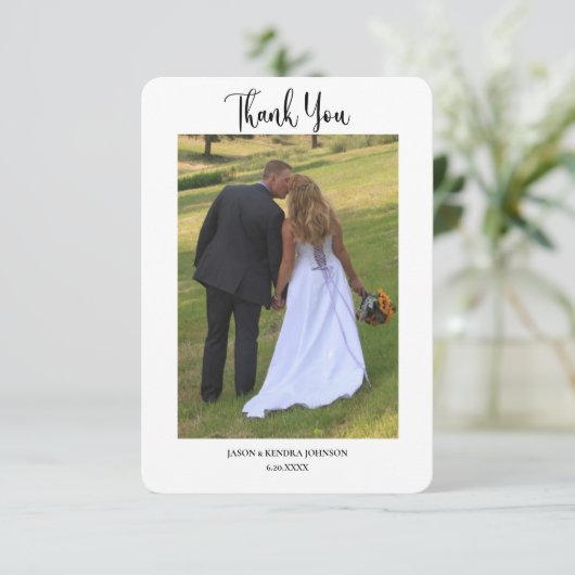 現代のシンプルな写真2枚を使った結婚式のお礼メッセージ サンキューカード (スタンド正面)