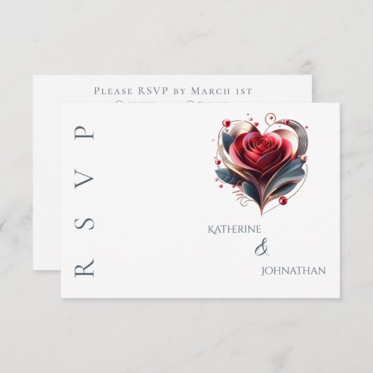 現代のハート型ローズウェディング 出欠カード (正面/裏面)