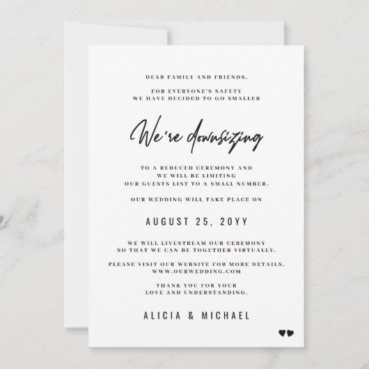 現代のミニマルな小さな結婚式に規模を縮小 案内状 (正面)