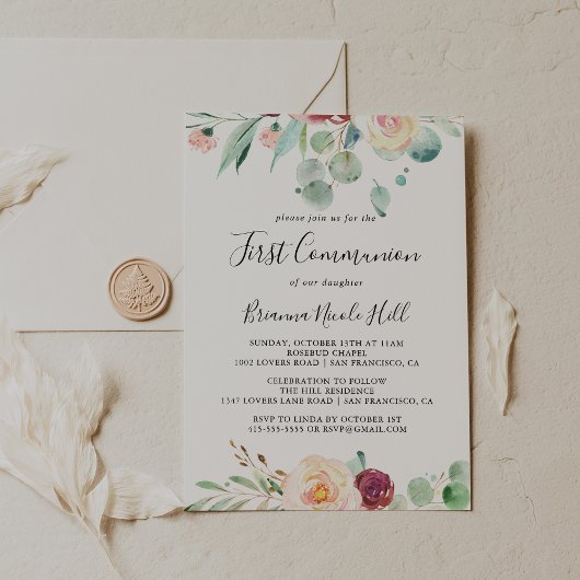 現代のユーカリの花の初めての聖体拝領 招待状