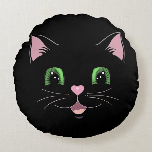 現代のユーモアあふれる可愛い黒猫の顔の漫画 ラウンドクッション (正面)