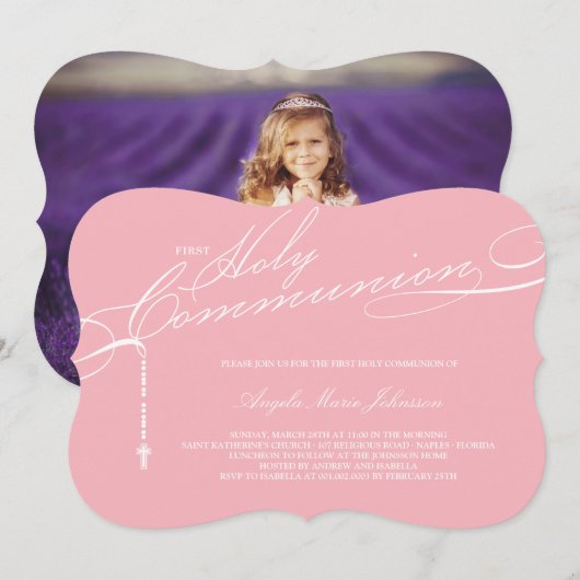 現代のロザリオ 初めての聖体拝領 写真 宗教的 招待状 (正面/裏面)