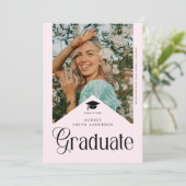 現代の卒業写真 卒業パーティー リボン ピンク 招待状 (スタンド正面)