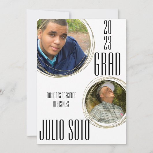 現代の卒業式 ゴールド写真 白い発表 招待状 (正面)