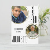 現代の卒業式 ゴールド写真 白い発表 招待状 (スタンド正面)