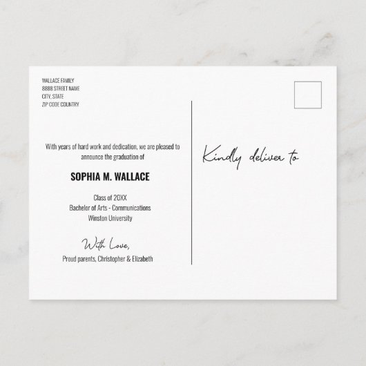 現代の大学卒業生のためのスクリプトカスタムフォト 案内ポストカード (裏面)