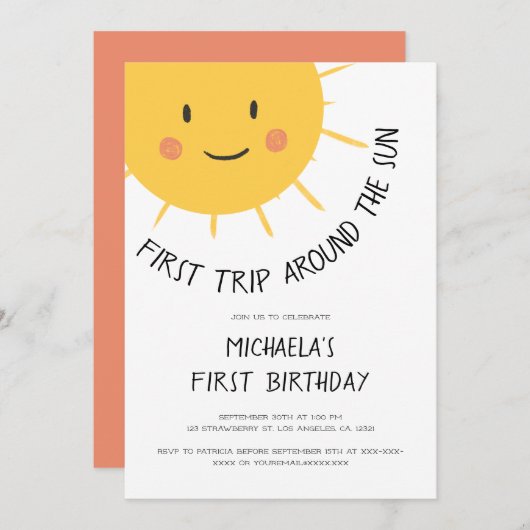現代の太陽を一周する初めての1歳の誕生日 招待状 (正面/裏面)