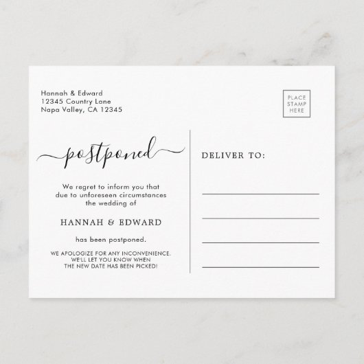 現代の延期結婚発表ポストカード 案内ポストカード (裏面)