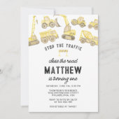 現代の建設をテーマにした1歳の誕生日 招待状 (正面)