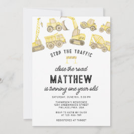 現代の建設トラックのファーストバースデー 招待状