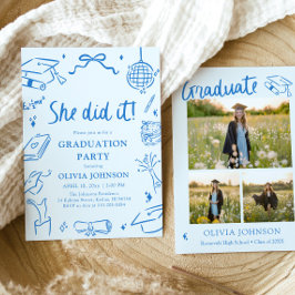 現代の手描きデザイン 彼女はやり遂げた!卒業パーティー 招待状