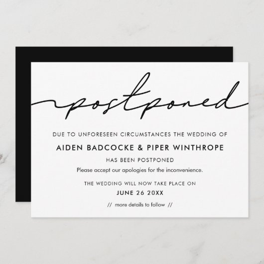 現代の手書きで延期された結婚発表 招待状 (正面/裏面)