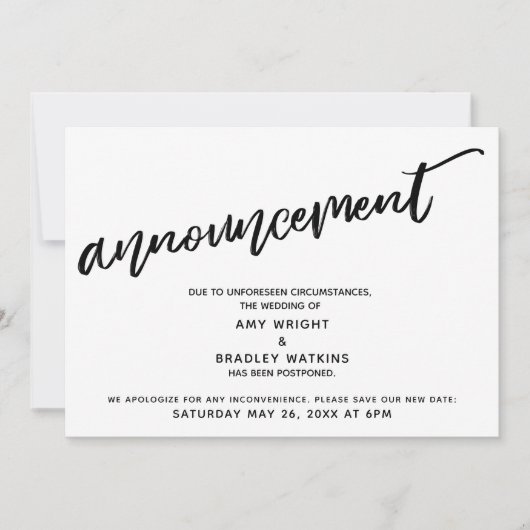 現代の手書きで延期された結婚発表 招待状 (正面)