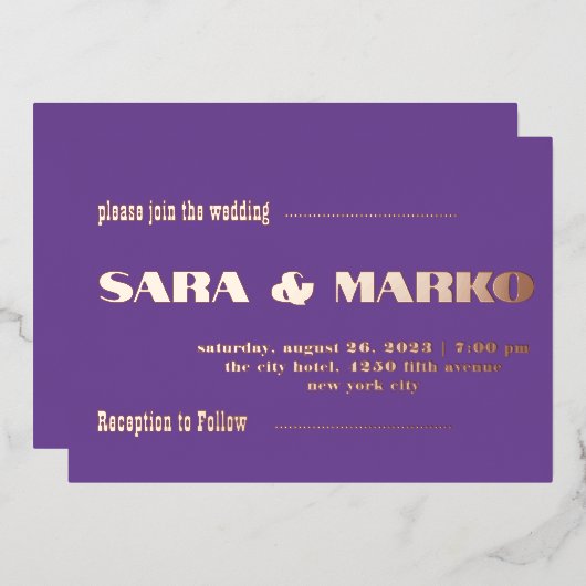 現代の文字体裁 |わずかに紫 箔招待状 (正面/裏面)