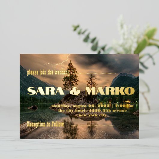 現代の文字体裁 |マウンテンズレイク 箔招待状 (立ち正面)