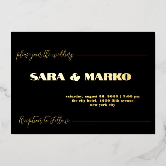 現代の文字体裁 |ミニマル結婚リスト 箔招待状 (正面)