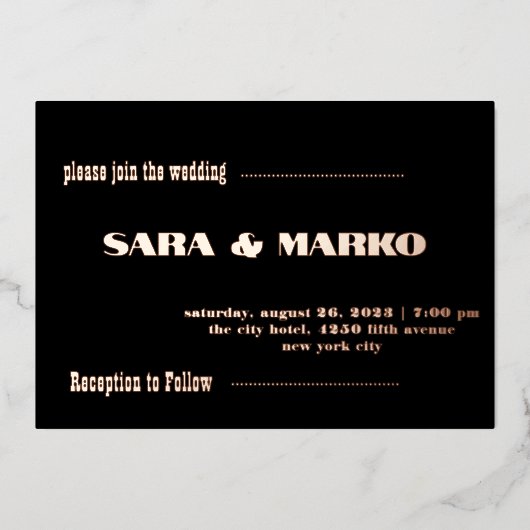 現代の文字体裁 |ミニマル結婚リスト 箔招待状 (正面)