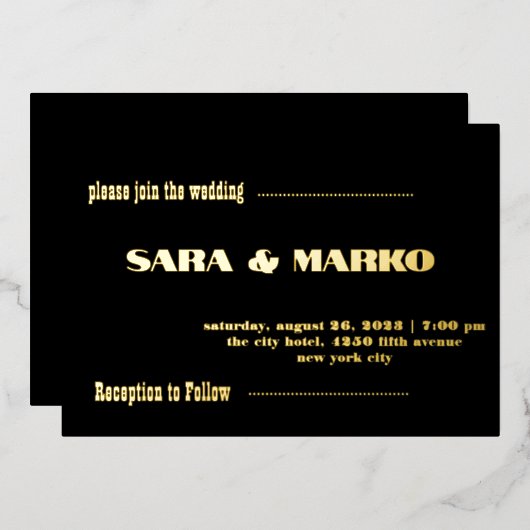 現代の文字体裁 |ミニマル結婚リスト 箔招待状 (正面/裏面)