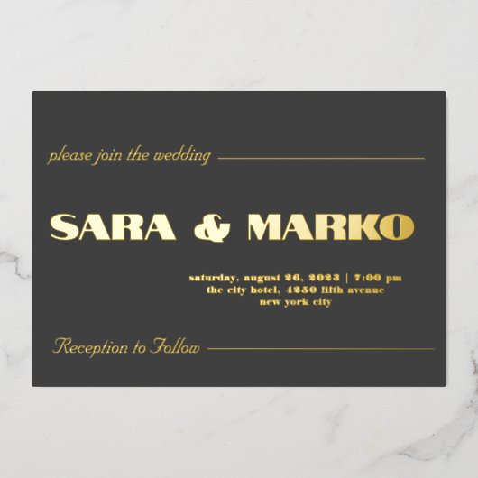 現代の文字体裁 |ミニマル結婚リスト 箔招待状 (正面)