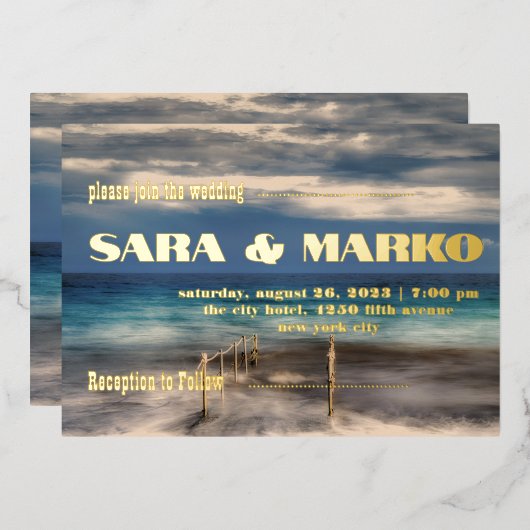 現代の文字体裁 |ミニマル結婚リスト 箔招待状 (正面/裏面)