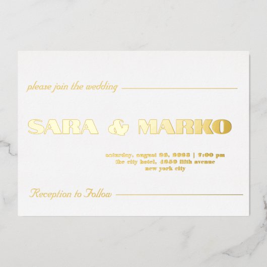 現代の文字体裁 |ミニマル結婚リスト 箔招待状 (正面)