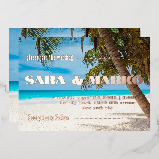 現代の文字体裁 |ミニマル結婚リスト 箔招待状 (正面/裏面)