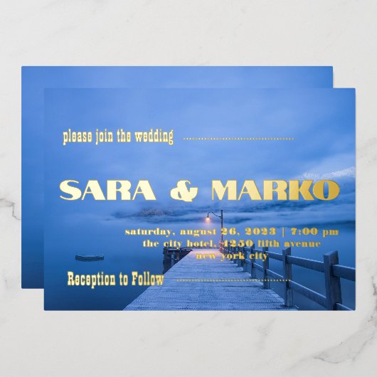 現代の文字体裁 |ミニマル結婚リスト 箔招待状 (正面/裏面)