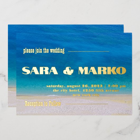 現代の文字体裁 |ミニマル結婚リスト 箔招待状 (正面/裏面)