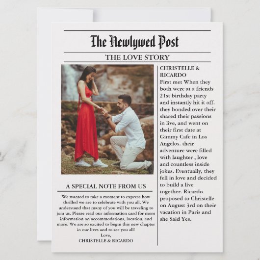 現代の新聞での駆け落ち結婚発表 招待状 (裏面)