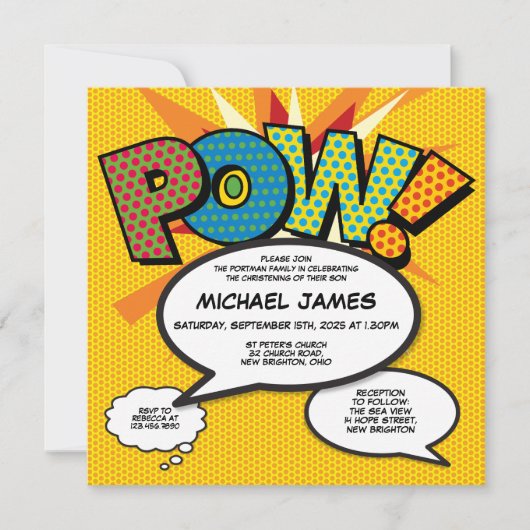 現代の洗礼 かわいい コミックブック フォト 招待状 (正面)