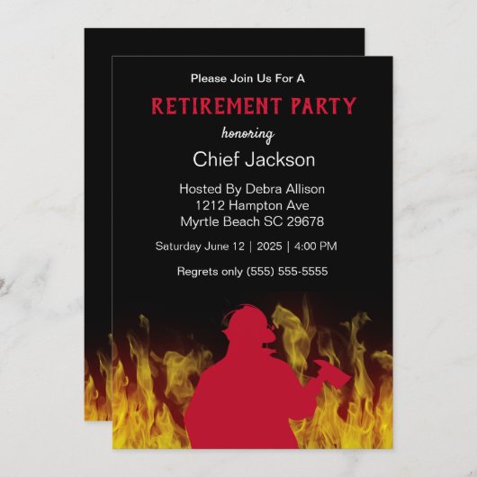 現代の消防士/消防署長 シルエット 退職  招待状 (正面/裏面)