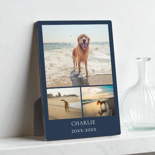 現代の犬の記念品 青いカスタムペットコラージュ写真 フォトプラーク