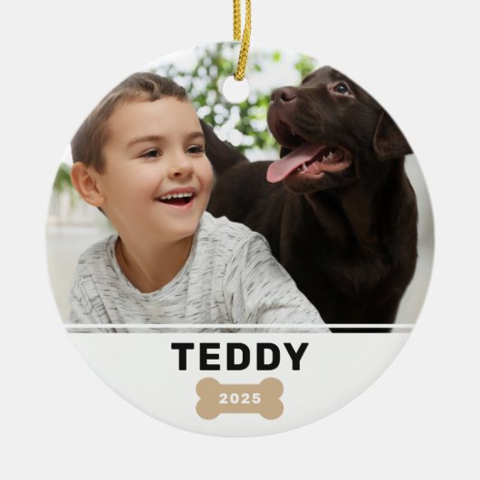 現代の犬の骨カスタム子犬の名前と写真 セラミックオーナメント (正面)