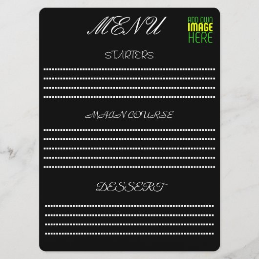 現代の編集可能なシンプルな黒の画像テキストテンプレート メニュー (正面)