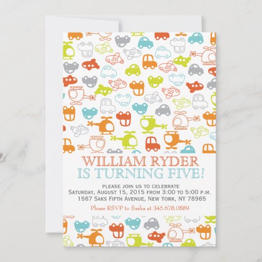 現代の車、飛行機＆ヘリコプターの誕生日招待状 招待状 (正面)