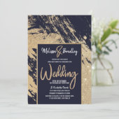 現代の金海軍の青い輝くブラシストロークの結婚式 招待状 (スタンド正面)